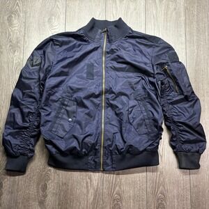 Mens Navy Blue Bomber Jacket Ruched Sleeve Military Flight Jacket Navy Large